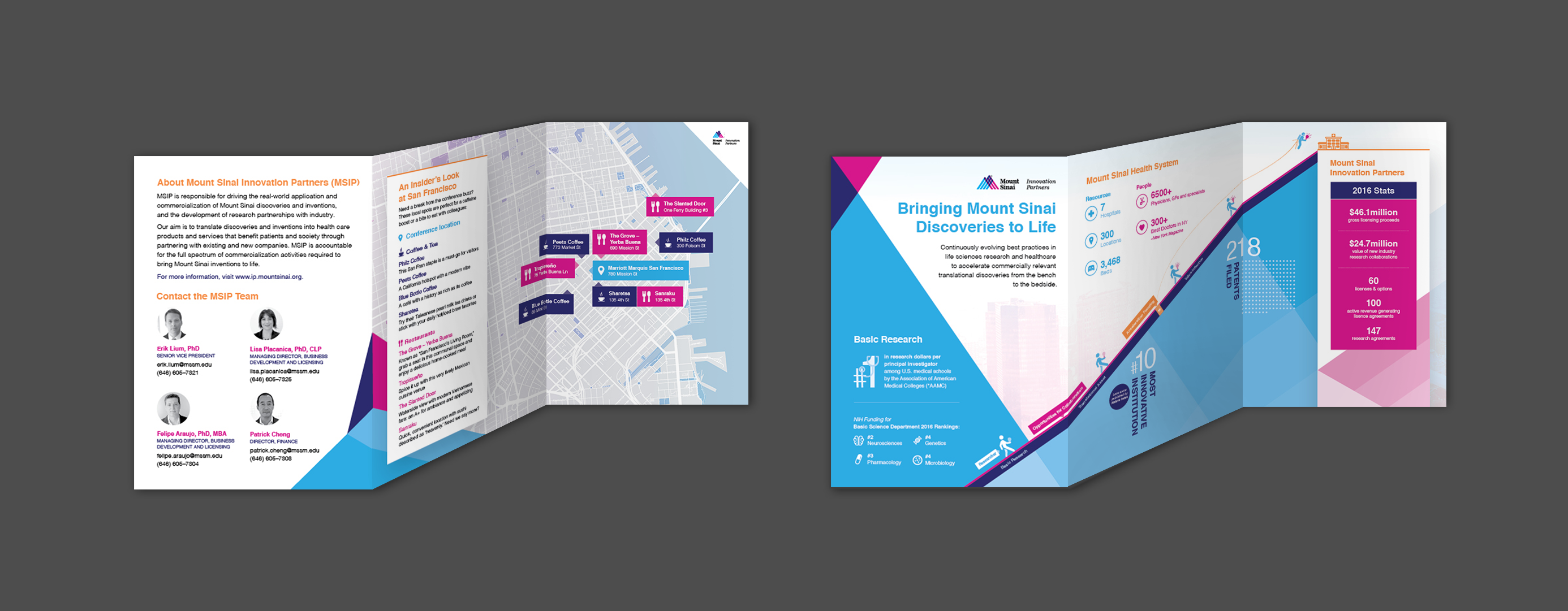 Mount Sinai Innovation Partners JP infographic trifold design by Lúgh Studio.